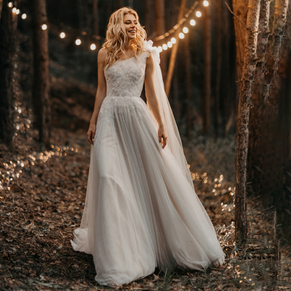 Luolandi A Line One Shoulder Ruched Tulle Beach Boho Wedding Dress With Appliqued & Beading Beautiful